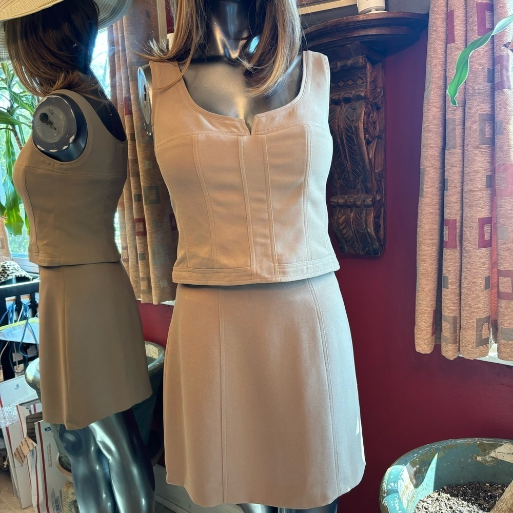 Vtg Caché Women’s Taupe Skirt Set Size 8 Acetate & Dracron Blend Minimalist NWOT